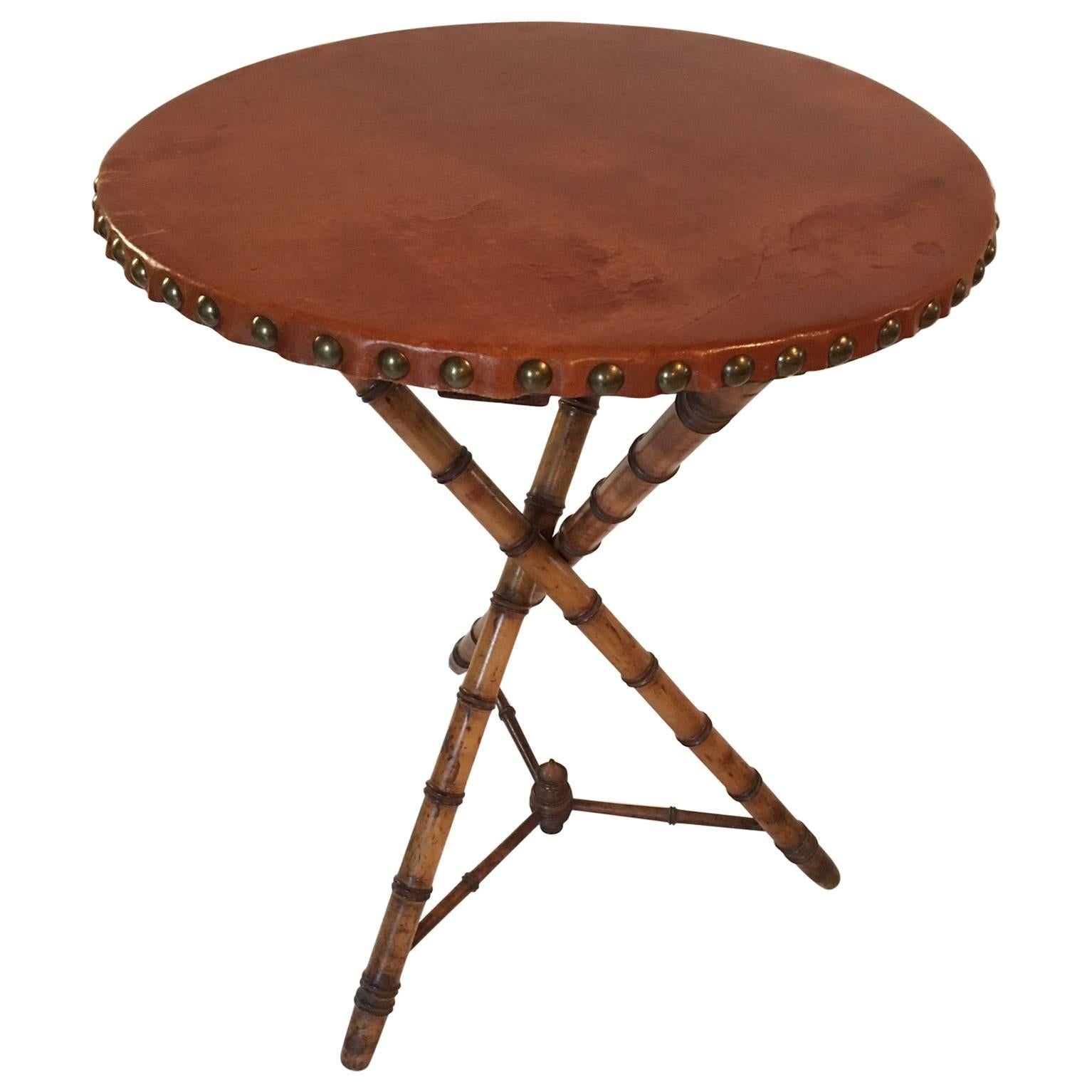Faux Bamboo Leather Top Cricket or Side Table, circa 1870