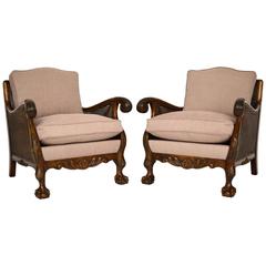 Pair of Finely Carved Antique Swedish Satin Birch Bergere Armchairs