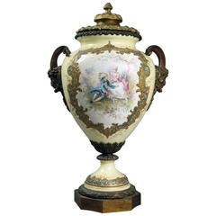 Antique French Hand-Painted Sevres Porcelain Urn with Bronze Mounts, Late 19th C