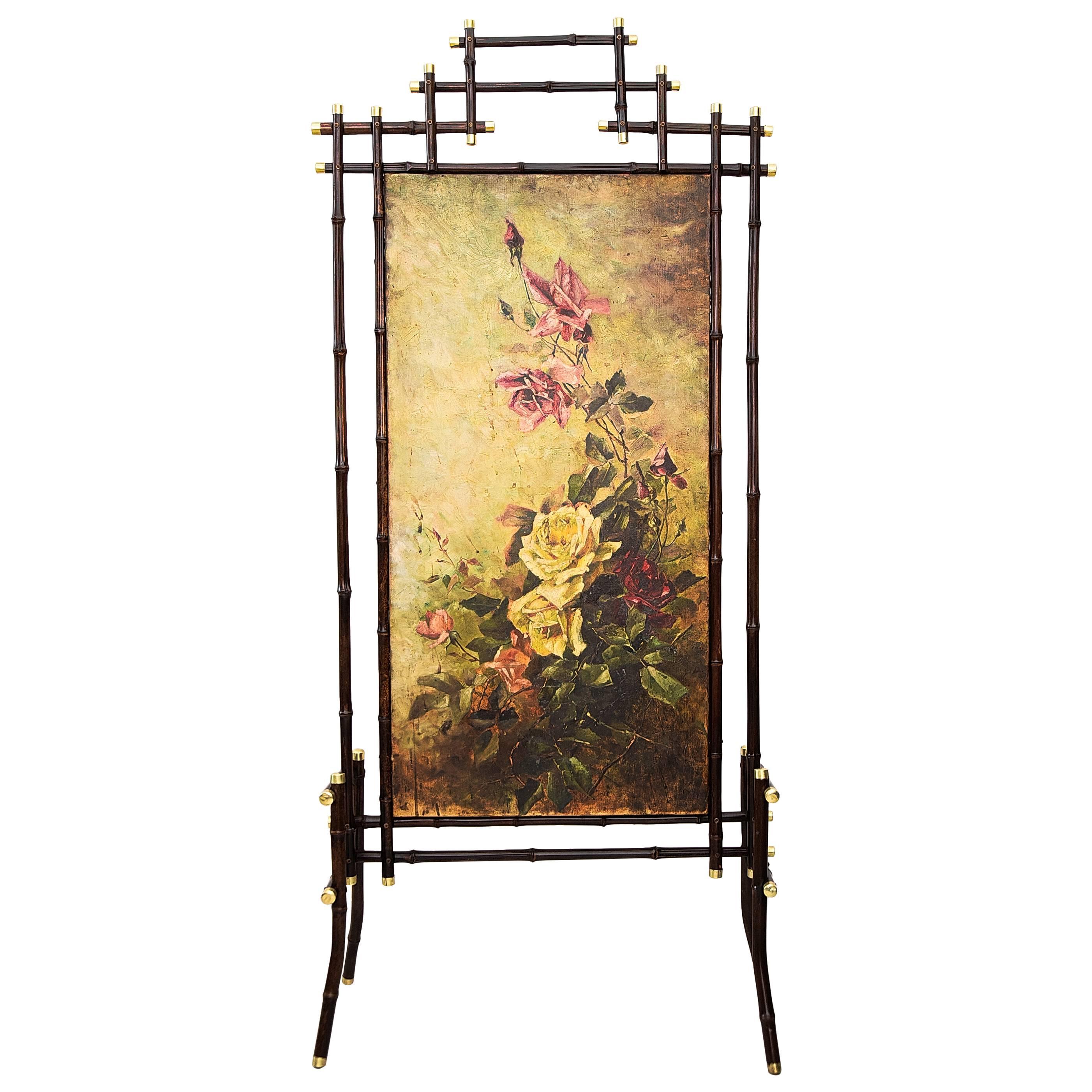 Jugendstil Bamboo Paravent with Oil Painting