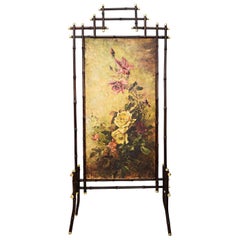 Antique Jugendstil Bamboo Paravent with Oil Painting