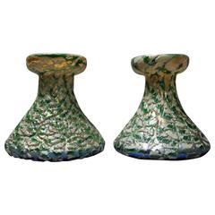 Antique Pair of Moorish Crackle Finish Durand Art Glass Candle Sticks, c1920