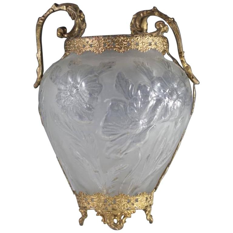 20th Century Frosted Glass Vase with Gilded Brass Overlay and Rococo Handles For Sale at 1stdibs