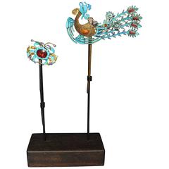 Antique 19th Century Chinese Qing Period King Fisher Feather Hair Ornaments