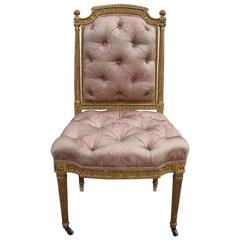 Wonderful Louis XVI Gold Giltwood Tufted Chair in Pale Pink Silk