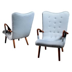 Pair of Swedish Curved Beech and Wool Lounge Chairs, 1940s