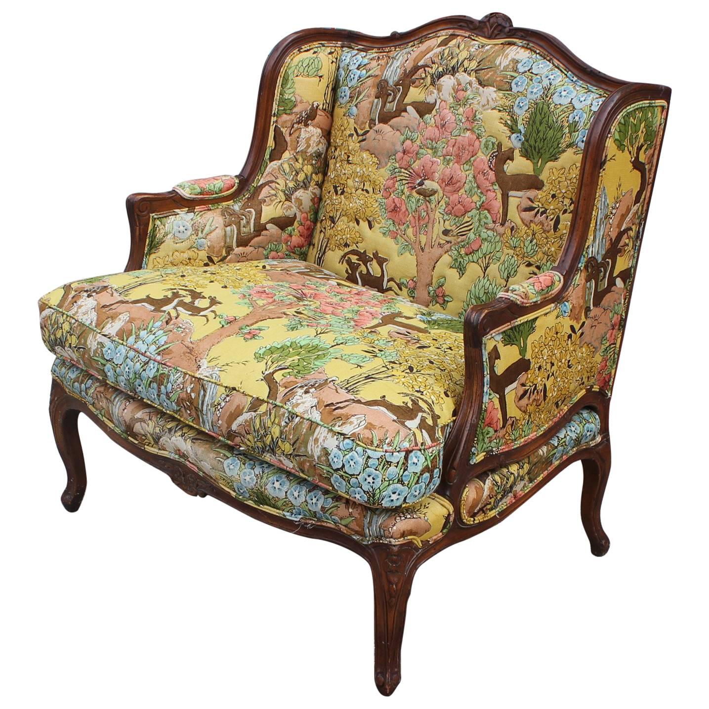 Large French Bergere Chair with Gold Yellow Wildlife Upholstery