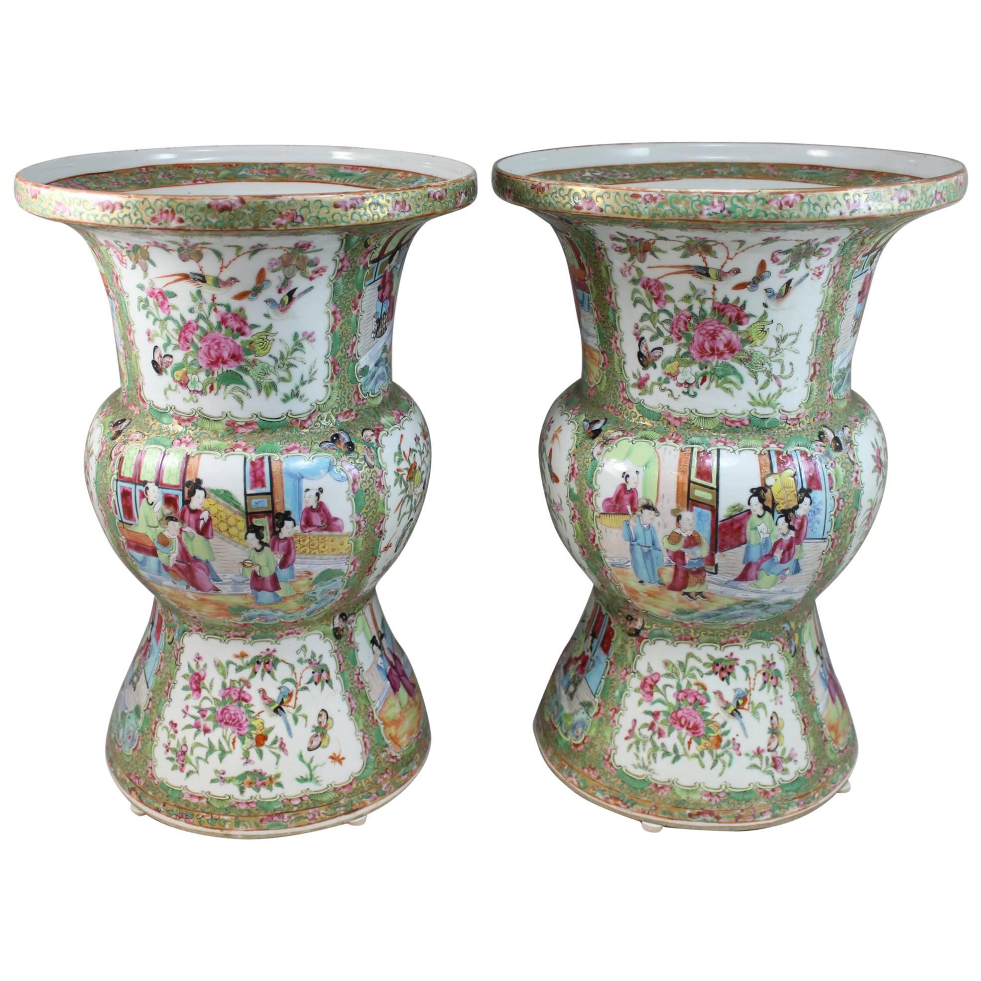Pair of 19th Century Chinese Export Rose Medallion Ku Form Vases