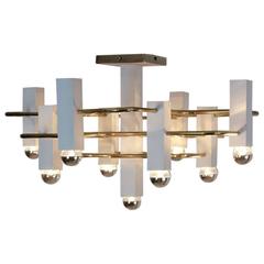 Unique Geometric Brass and White Chandelier by Gaetano Sciolari for SA Boulanger