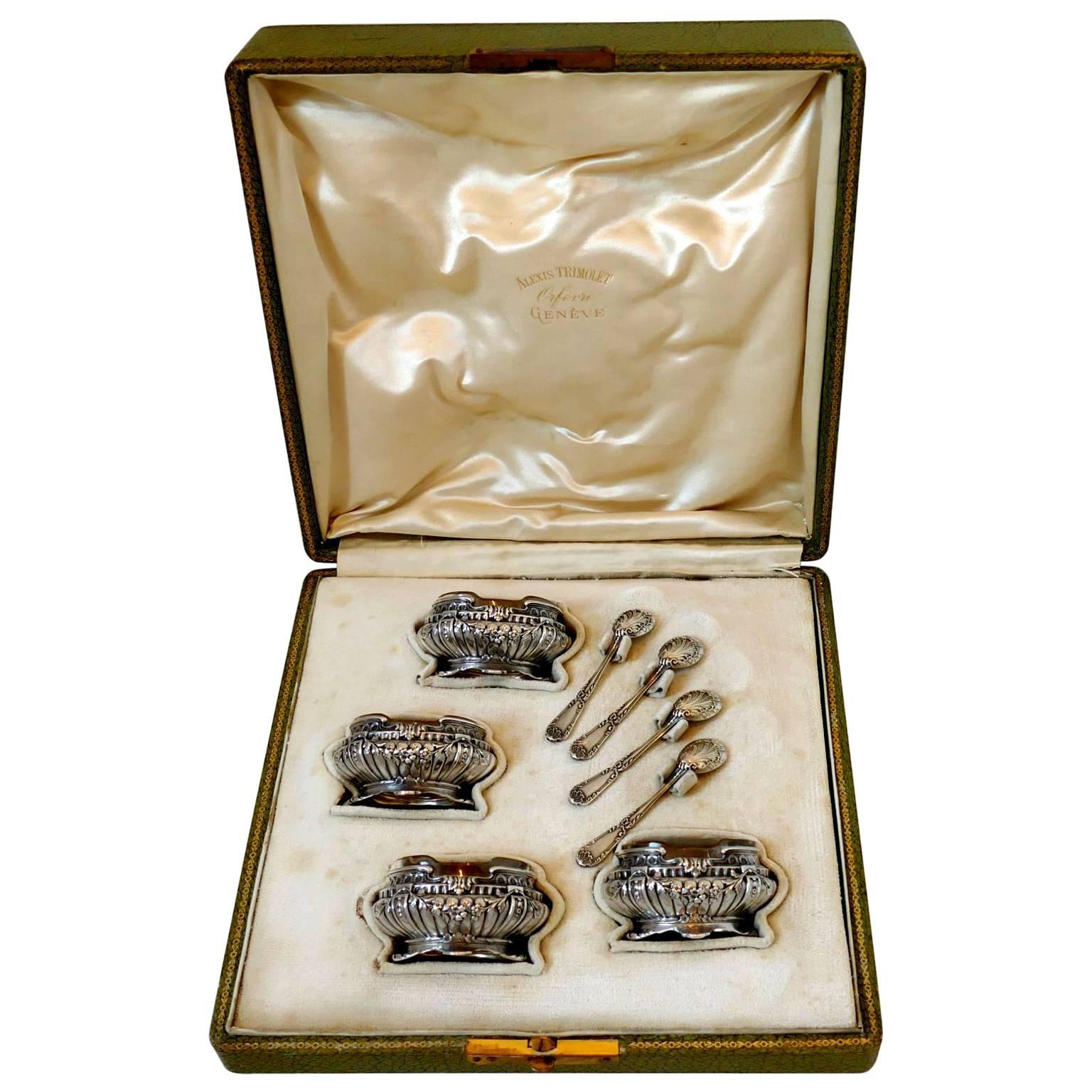 Puiforcat French Sterling Silver 18-Karat Gold Four Salt Cellars, Box, Spoons