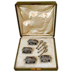 Antique Puiforcat French Sterling Silver 18-Karat Gold Four Salt Cellars, Box, Spoons