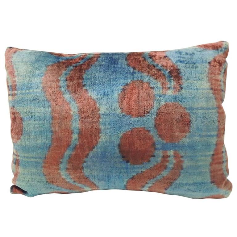 Vintage Uzbek Ikat Aqua Blue Silk Velvet Decorative Bolster Pillow at