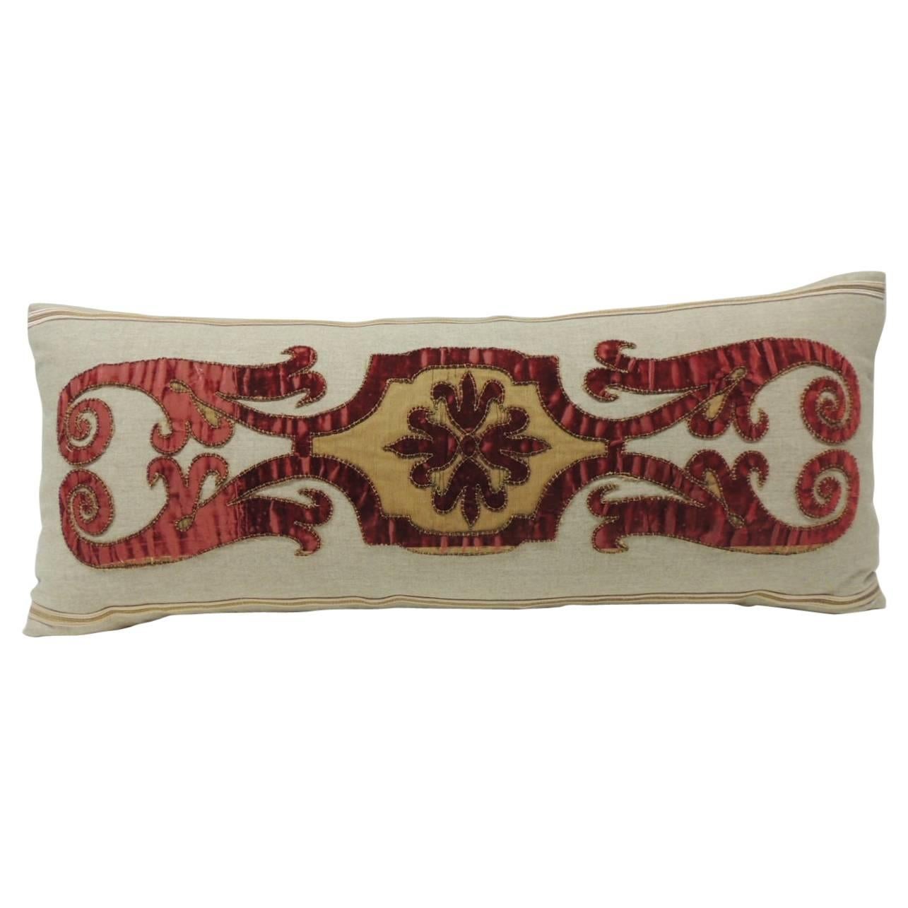 Byzantine Style Red Cut Velvet Applique Decorative Bolster Pillow