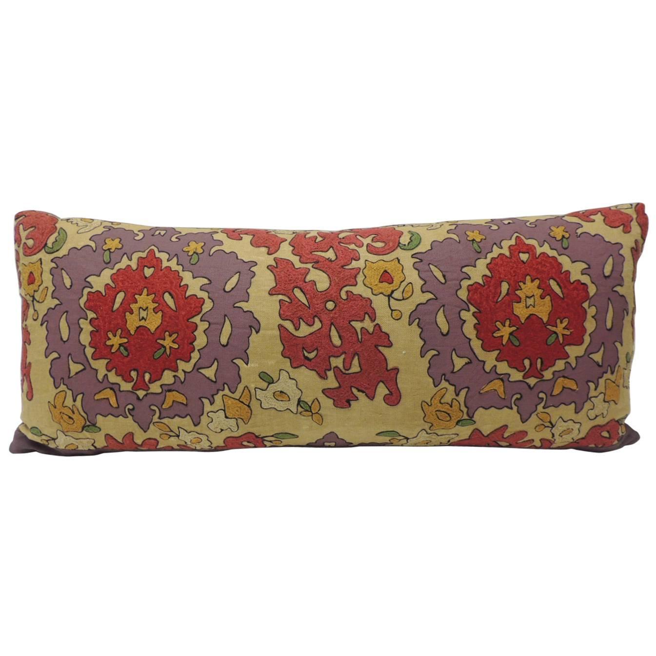 19th Century Long Uzbek Vintage Suzani Large Bolster Decorative Pillow For Sale at 1stdibs