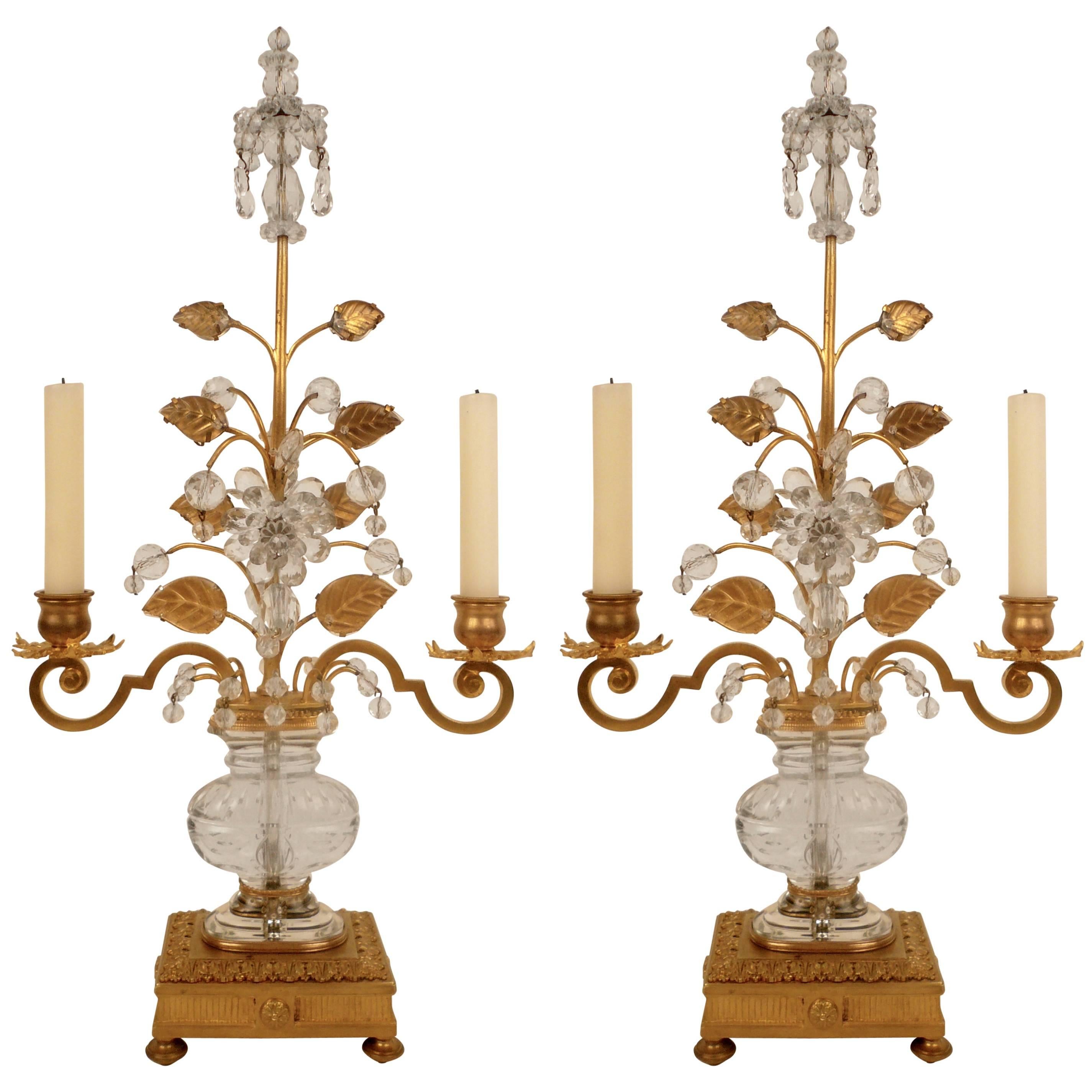 Pair of French Gilt Bronze and Rock Crystal Candelabra by Maison Baguès