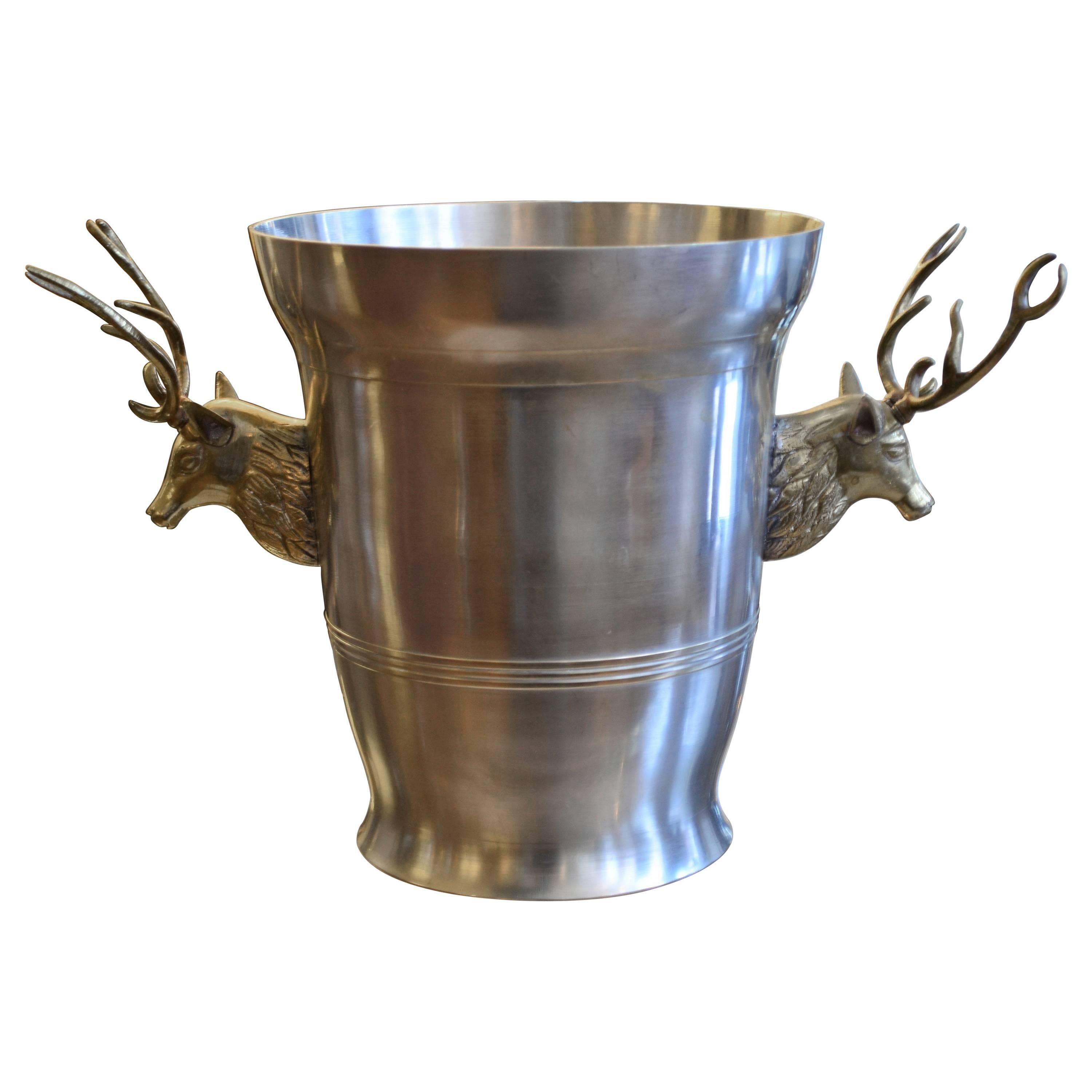 Pewter Ice Bucket with Brass Stag Head Side Mounts