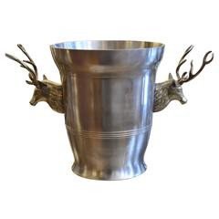 Pewter Ice Bucket with Brass Stag Head Side Mounts