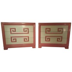 Pair of "Greek Key Three-Drawer Chests Original Pink Lacquer by Kittinger