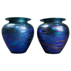 Pair of Antique Durand Threaded Art Glass Vases, Early 20th Century