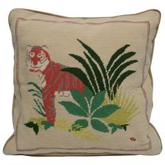 Art Deco Tiger Cat Needlepoint Accent Pillow, ca. 1990s