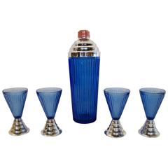 Vintage Art Deco Machine Age Cobalt Ribbed Cocktail Shaker and Four Cups, circa 1930s