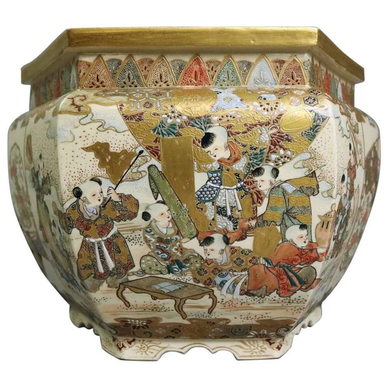 Antique Japanese Satsuma Moriage and Gold Gilt Jardiniere Meiji Era
