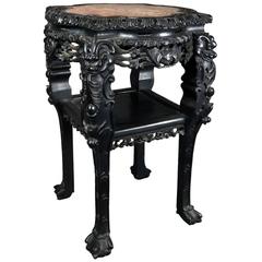 Chinese Marble-Top Ebonized Figural Carved Hardwood Stand, Late 19th Century Chinese Marble-Top Ebonized Figural Carved Hardwood Stand, Late 19th Century