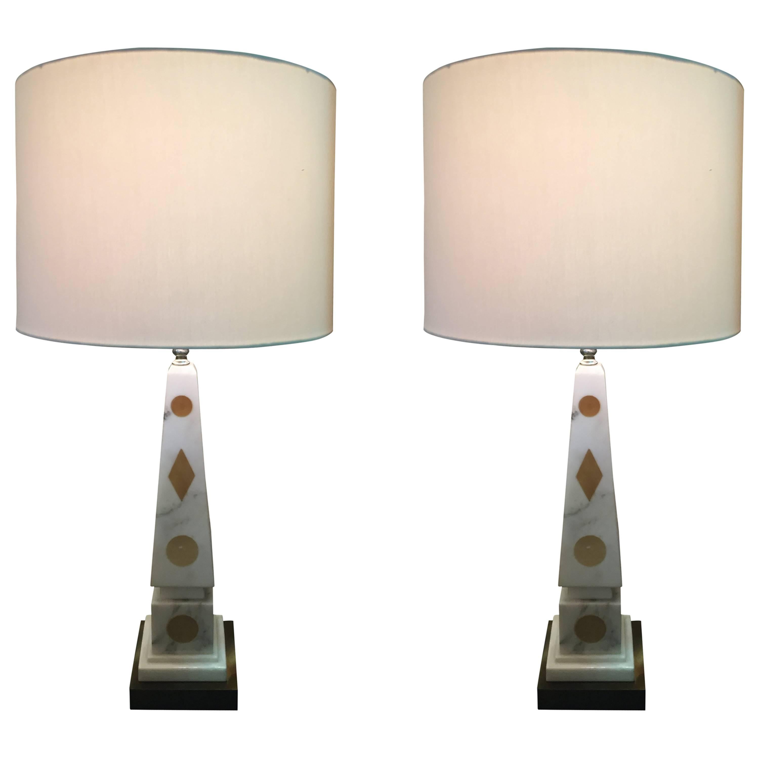 Pair of Italian Marble Obelisk Table Lamps