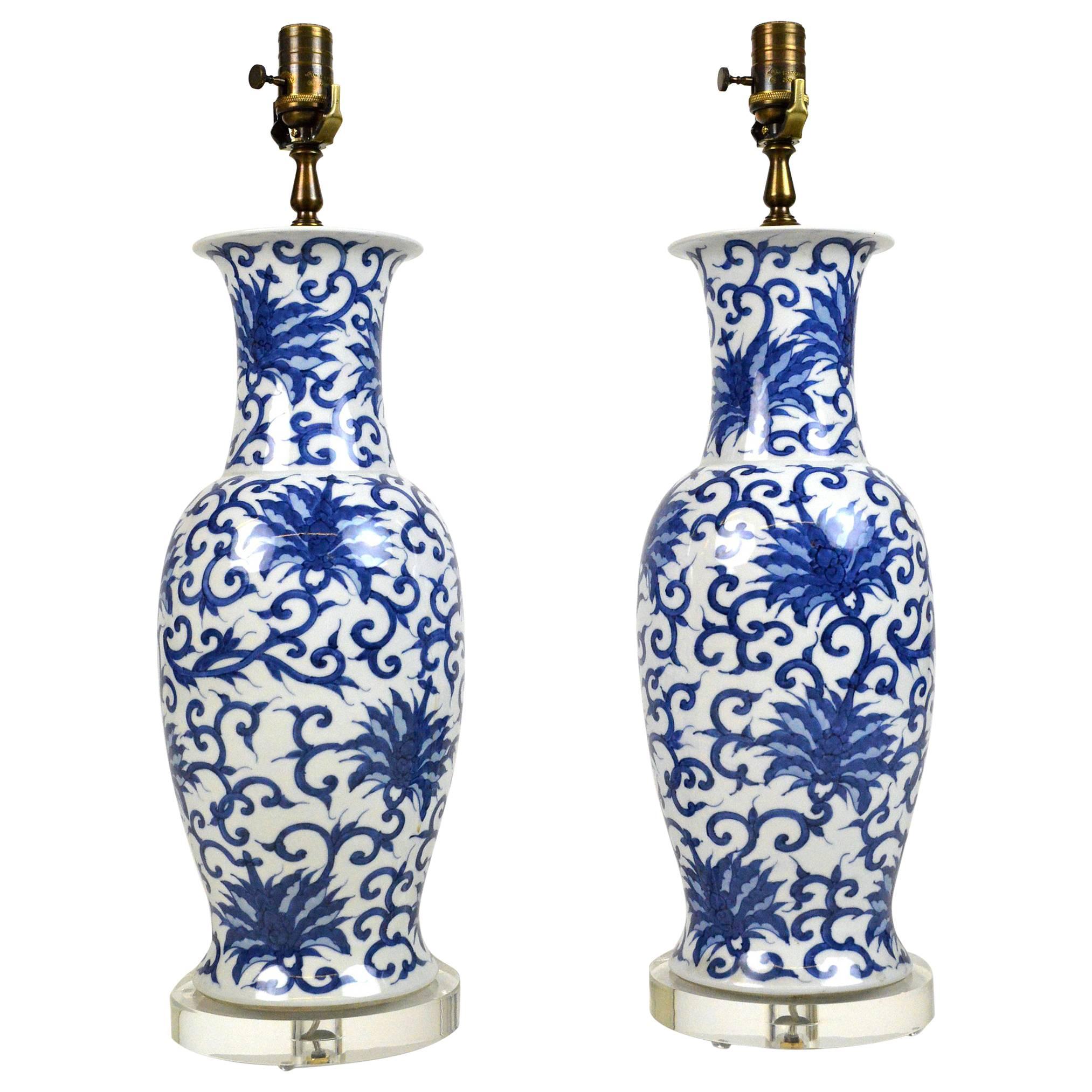 Pair of Japanese Blue and White Porcelain Lamps For Sale