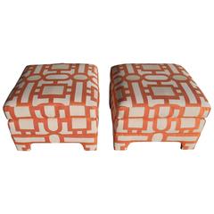 Chic Pair of Square Ottomans in New David Hicks Style European Jacquard 