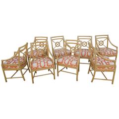 Ensemble de huit chaises de salle à manger McGuire « Target » en jacquard de style David Hicks, neuves