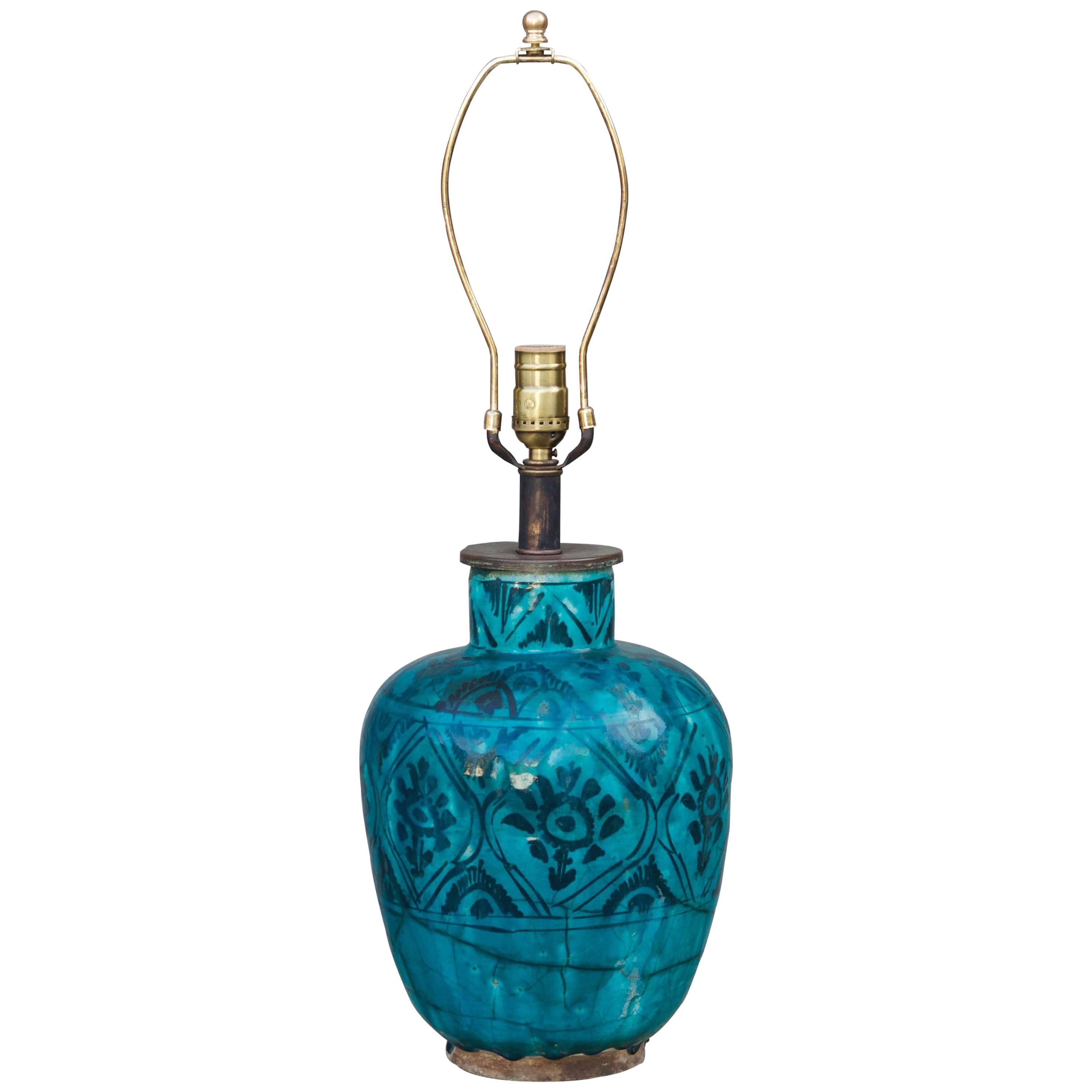 Antique Turquoise Glazed Ceramic Persian Table Lamp