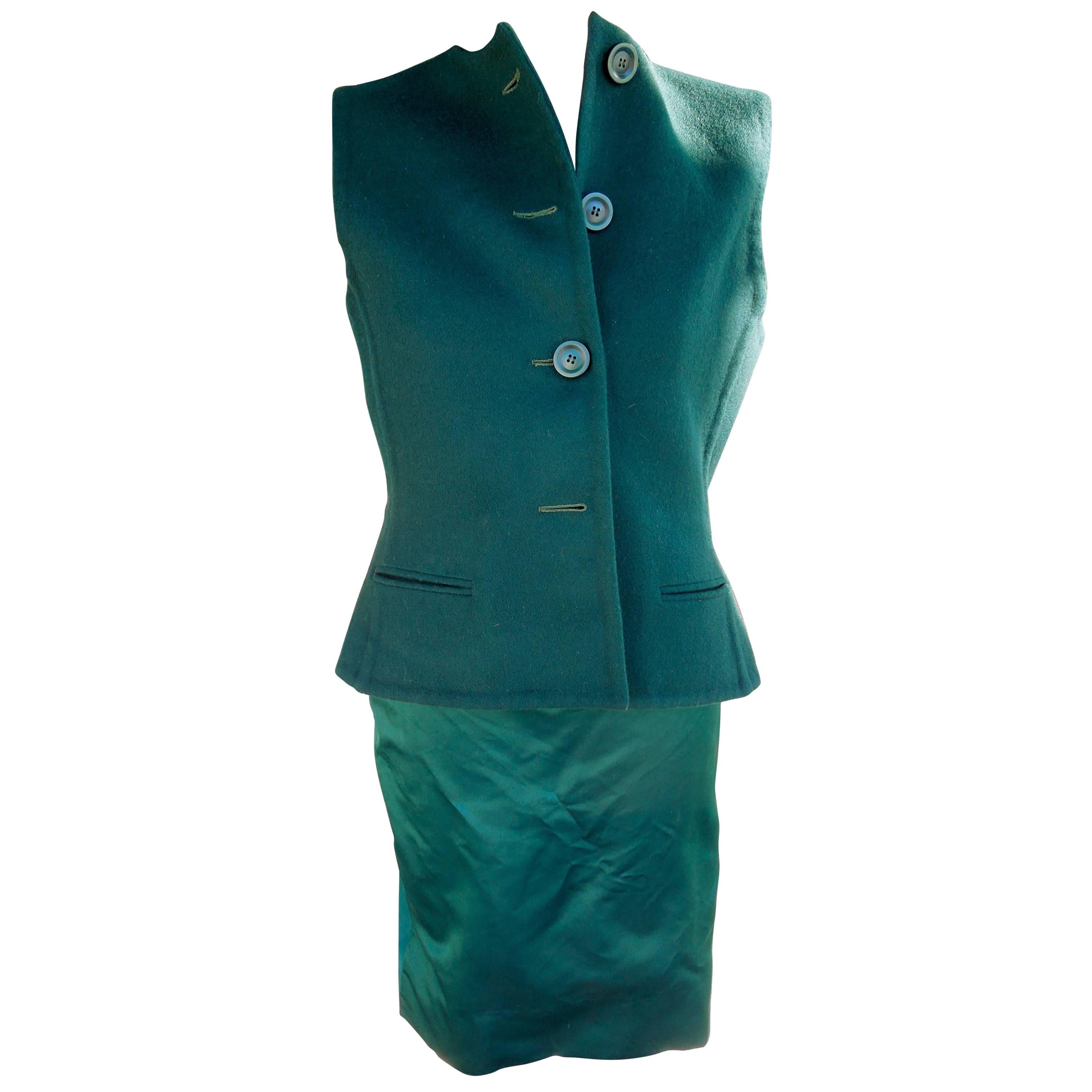Bill Blass Emerald Green Stapless Cocktail Dress and Matching Vest