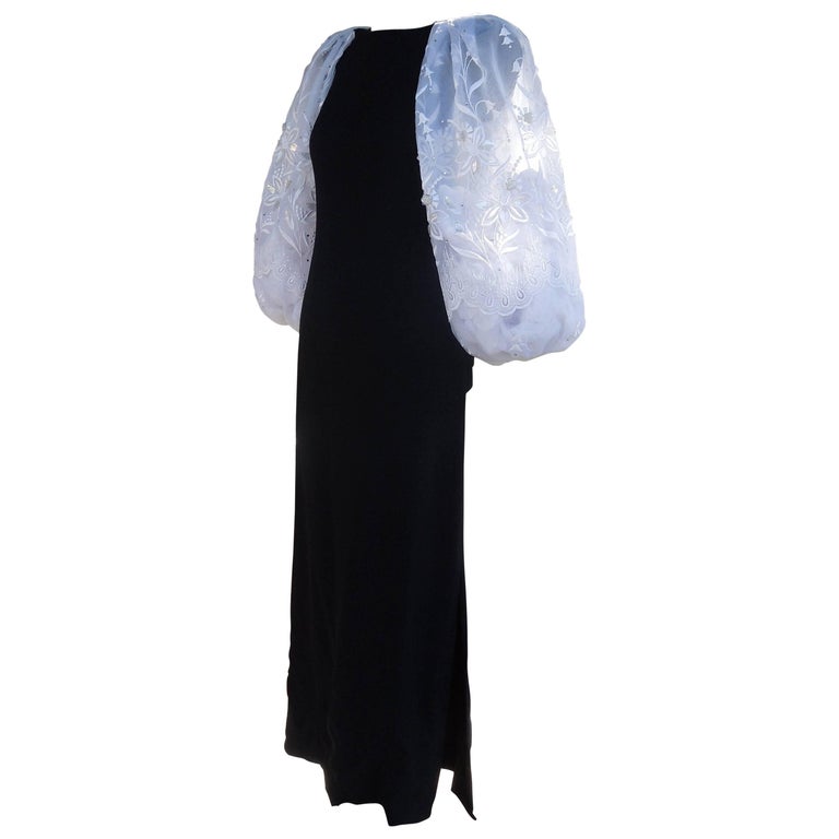 Richilene New York Beaded Organza Sleeve Black Crepe Evening Dress For Sale