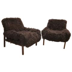 Beautiful Pair of Two 1960s Armchairs Recovered with Fur Tibet Goat