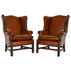 Pair of Antique Chippendale Style Leather Wing Armchairs