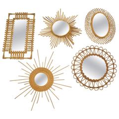 Beautiful Set of Five Sun Wicker Mirror, circa 1960 Beautiful Set of Five Sun Wicker Mirror, circa 1960