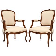 Pair of Antique French Carved Salon Cream Armchairs