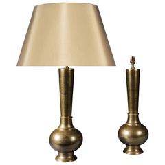 Used Pair of Mogul Damascened and Engraved Brass Lamps
