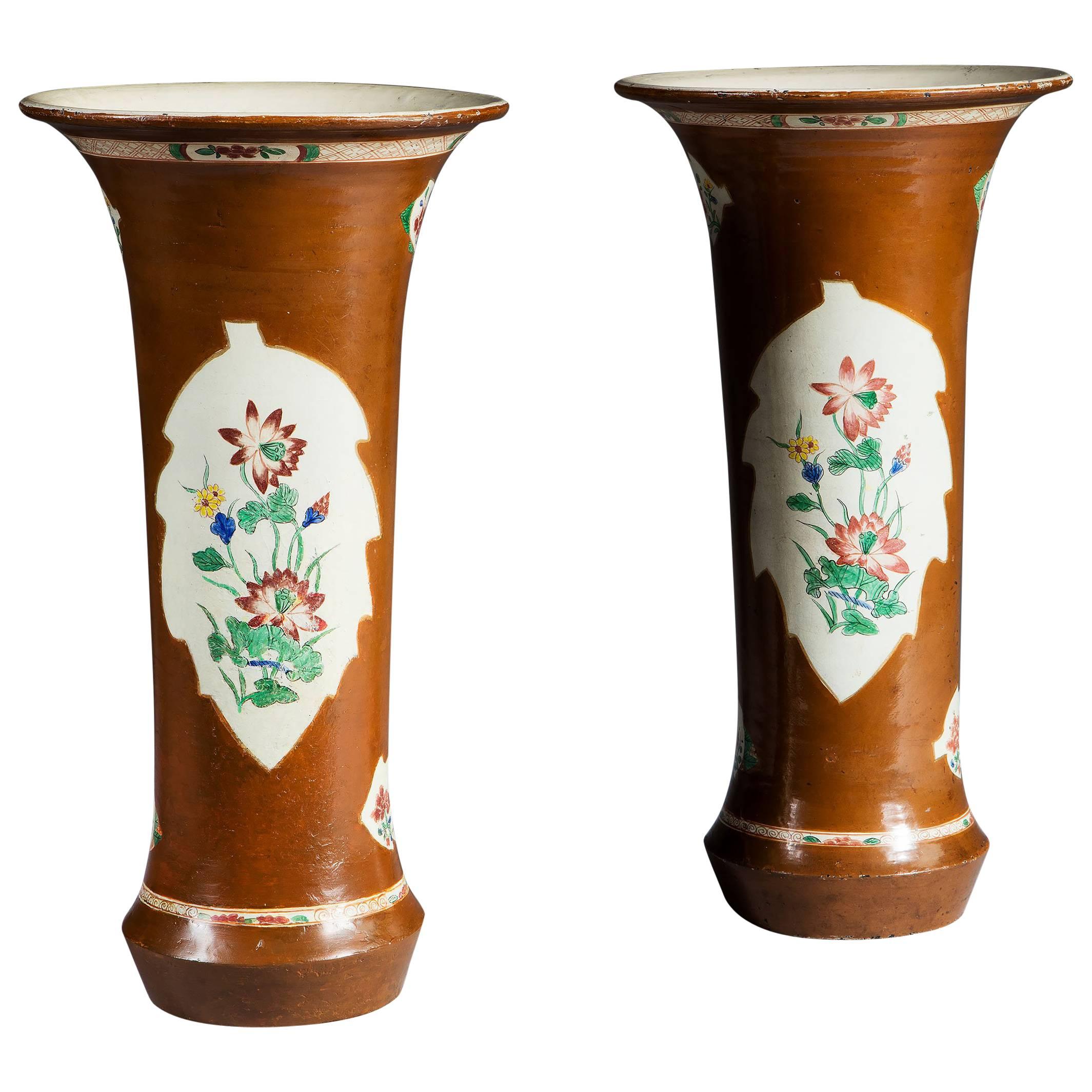 Pair of Late 18th Century Brown Painted Batavia Trumpet Vases ‘Could Be Lamps’ For Sale