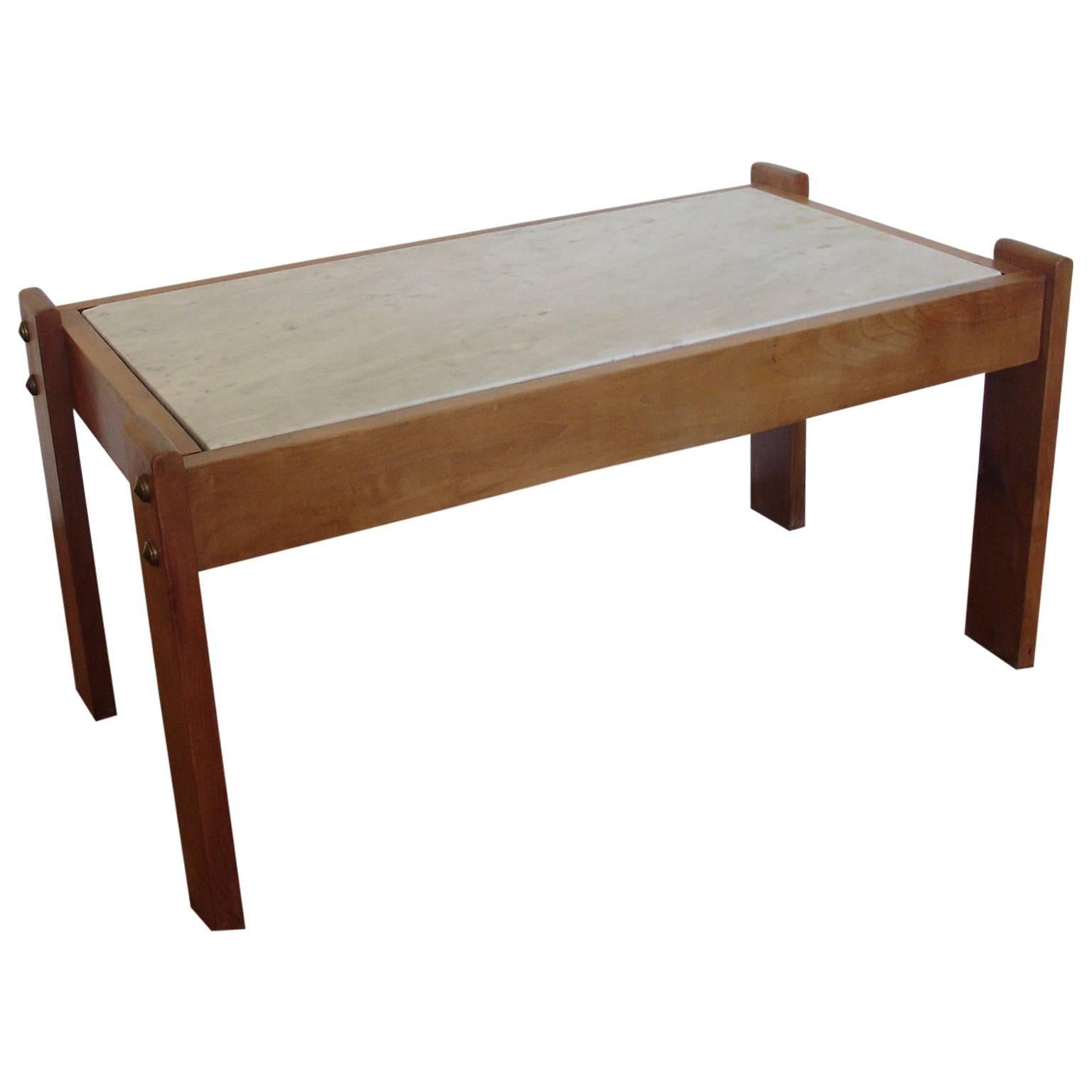 Elegant Small Marble and Cherrywood Coffee Table with Bronze Detail, French For Sale