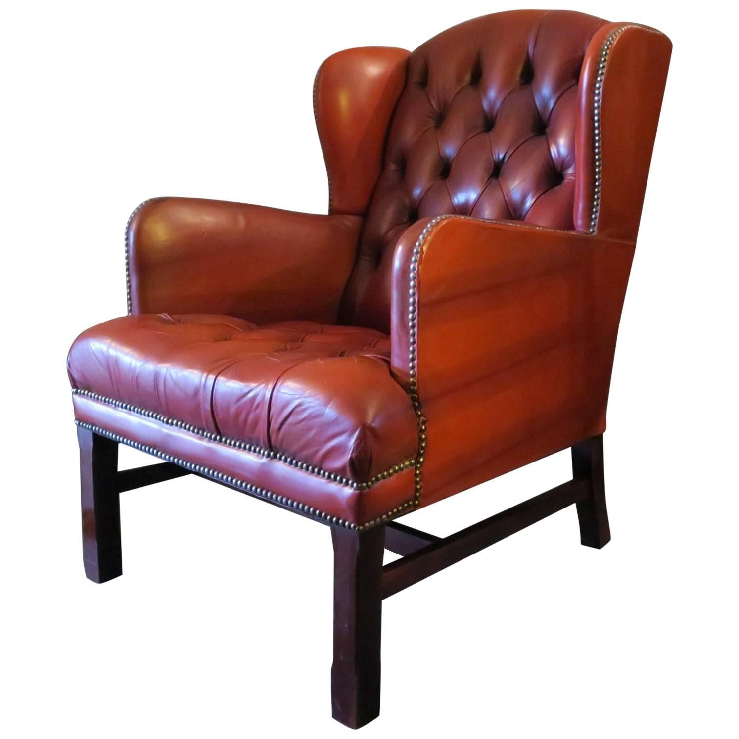 Vintage Tufted Chesterfield Wingback in Warm Brown Leather For Sale