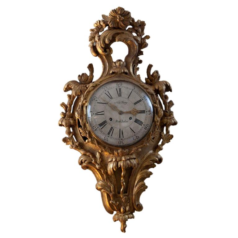 Swedish Rocaille Giltwood Wall Clock For Sale