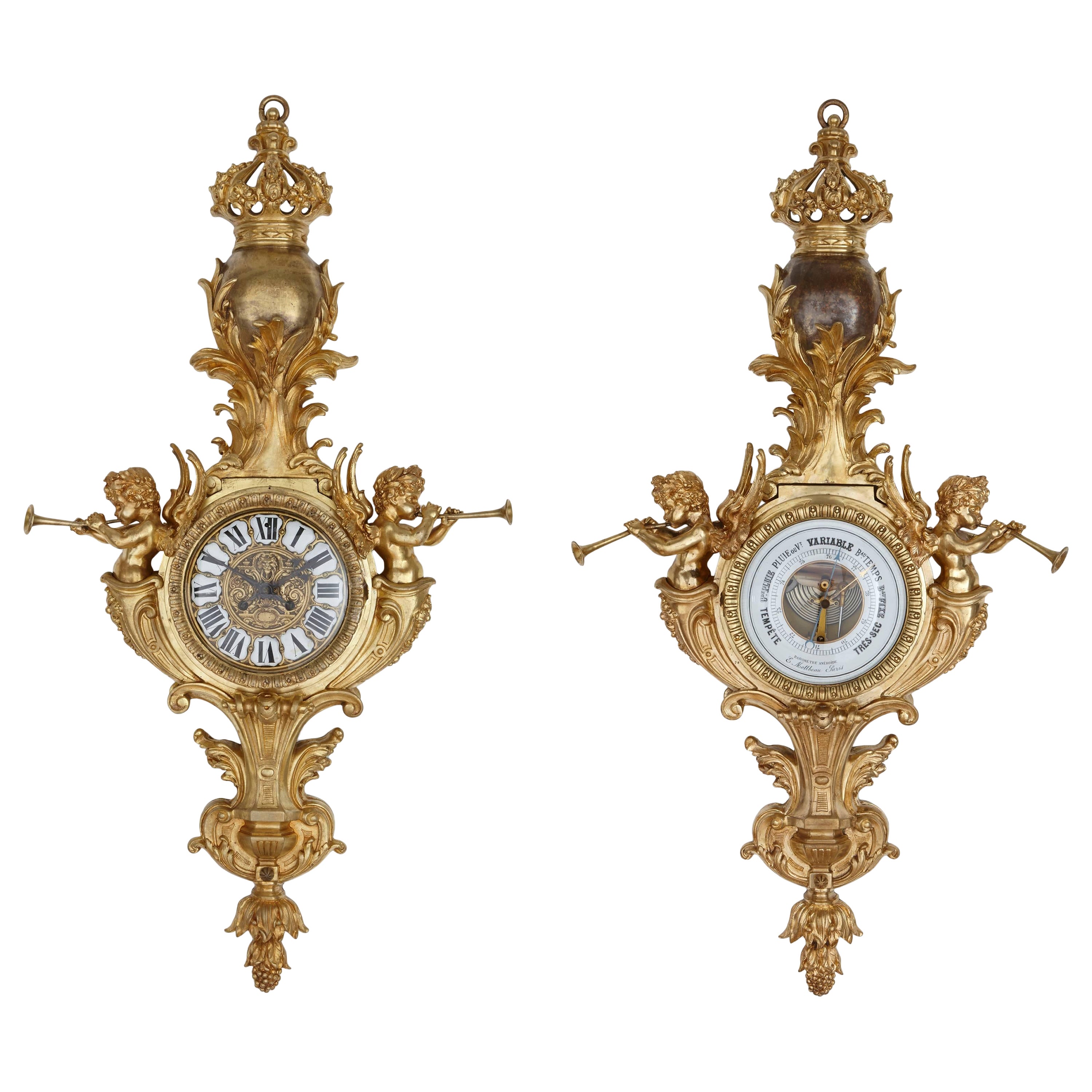 Antique Gilt-Bronze Clock and Barometer Set by Maison Mottheau et Fils