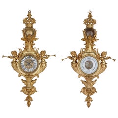 Antique Gilt-Bronze Clock and Barometer Set by Maison Mottheau et Fils