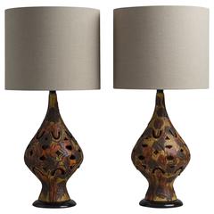Pair of Autumnal Toned Cut-Out Ceramic Table Lamps, 1960s