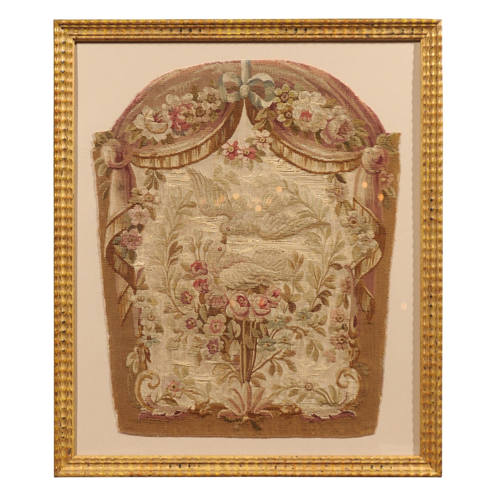 Giltwood Framed 19th Century French Tapestry Fragment with Kissing Doves For Sale