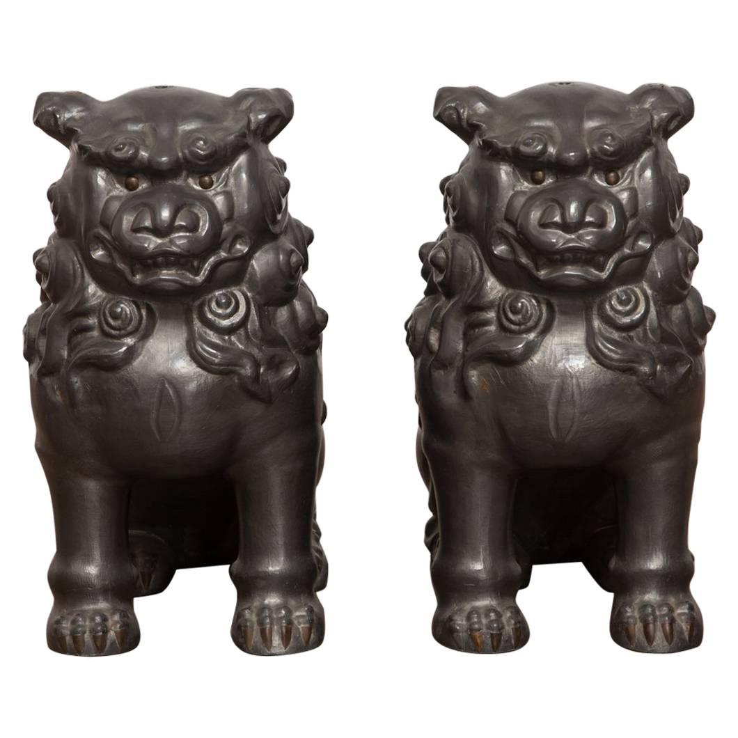 Pair of Chinese Pewter Foo Dog Lions