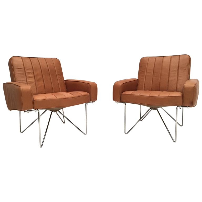Chromed Steel Wire Base and Leather Easy Chairs Attributed to Hein