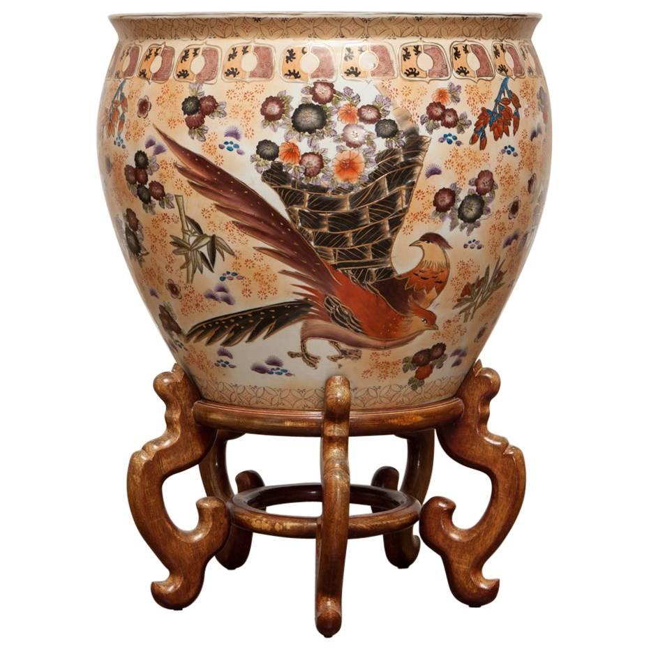 Chinese Porcelain Fish Bowl Jardiniere on Stand
